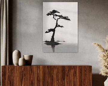 Minimalist black tree above water