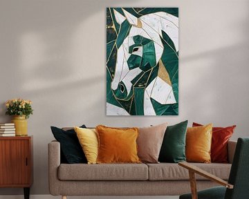 Abstract groen-gouden paardenschilderij op canvas