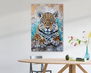 Surrealistisch schilderij van een jaguar met kleurrijke achtergrond van De Muurdecoratie