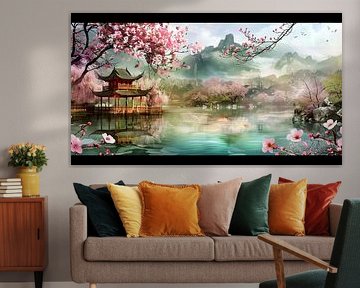 schilderachtig Japans landschap met tempel