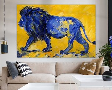 Schilderij van een abstracte blauwe leeuw van De Muurdecoratie