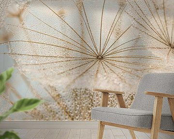 Web-like structure of a morning star (Tragopogon) with tiny water droplets by Marjolijn van den Berg