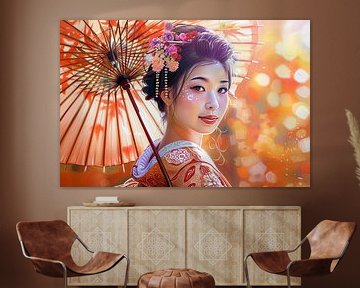 schilderachtig Japans beeld Geisha met parasol van Egon Zitter