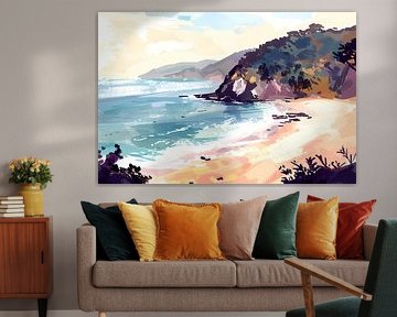 Minimalist painting of beach at sunrise