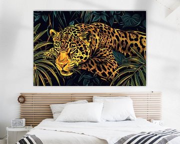 Gedetailleerde lijntekening van een jaguar in jungle van Art & Soul Creations
