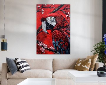 Surrealistische papegaai met bloesem op rode achtergrond van Art & Soul Creations