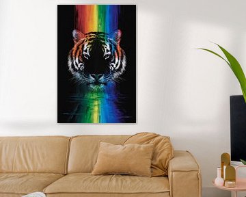 Majestueuze tijger met regenboogkleuren van De Muurdecoratie