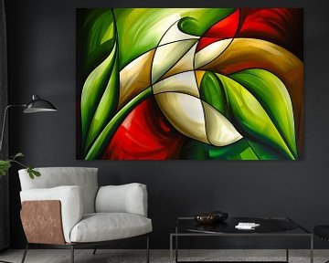 Abstracte kleurrijke roos en bladeren schilderij van Art & Soul Creations