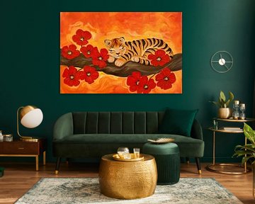 Slapende tijger omringd door rode bloemen van Art & Soul Creations