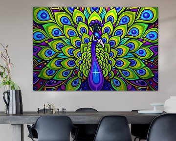 Kleurrijke pop art pauw schilderij van Art & Soul Creations