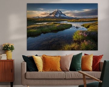 Adembenemend berglandschap met rivier en bloemen van Art & Soul Creations