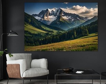 Breathtaking mountain scenery with green meadows