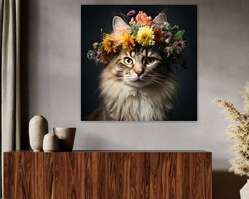 Portret kat met zomerse bloemenkrans muurdecoratie van Vlindertuin-Art
