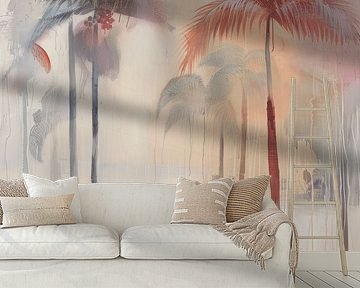 Tropical landscape with palm trees in pastel colours