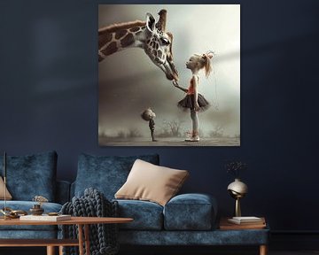 Charmante Illustratie van een Giraffe met Twee Kinderen in Zachte Kleuren van Karina Brouwer