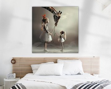 Adorable Illustration of a Giraffe and Two Girls by Karina Brouwer