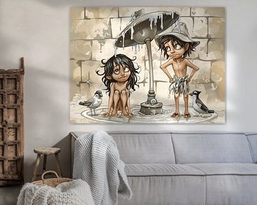 Splashing Fun: Playful Illustrations of Children at a Fountain by Karina Brouwer