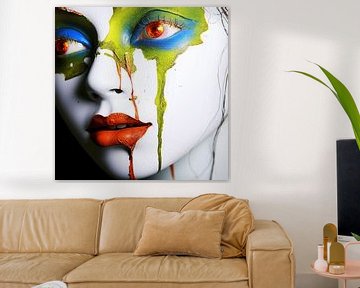 Painted Tears -  Portret van een Vrouw met Kleurrijke Tranen van Karina Brouwer