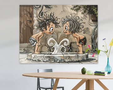 Merry Water Fun: Charming Illustrations of Children at a Fountain by Karina Brouwer