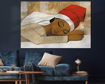 Slapende vrouw met rode hoed schilderij