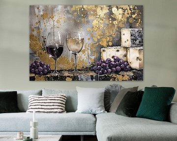 Abstract schilderij van wijn en kaas van De Muurdecoratie