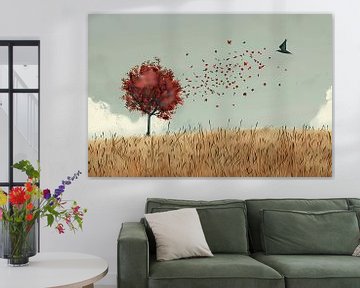 Minimalist autumn tree with swirling leaves by Art & Soul Creations