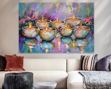 Kleurrijk abstract schilderij van brandende kaarsen van Art & Soul Creations