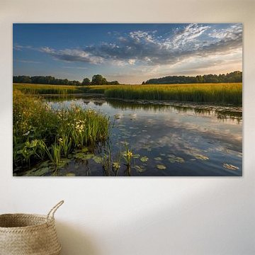 Schilderachtig zomerlandschap met bloemen en water