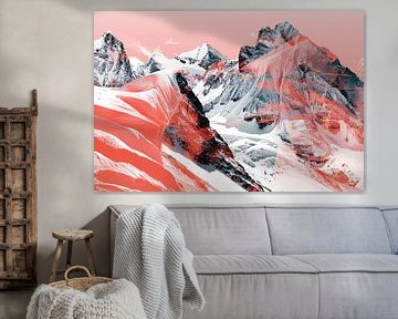 Abstracte schilderij van berglandschap in rood van De Muurdecoratie