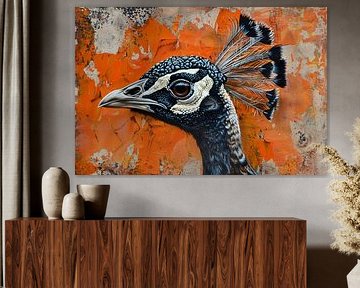 Realistic painting of a peacock with abstract background