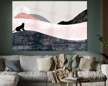 Minimalist artwork of cat in abstract landscape