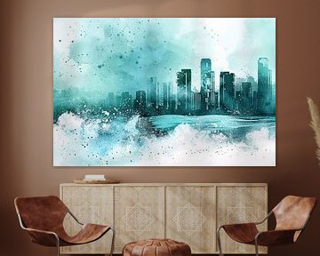Abstracte skyline in blauwe tinten schilderij van Art & Soul Creations