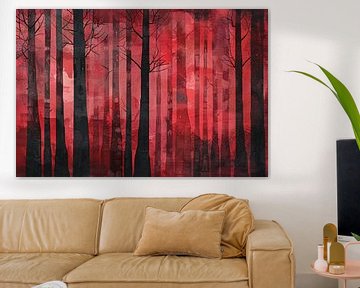 Mysterieus rood bos met zwarte bomen van Art & Soul Creations