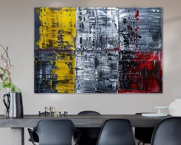 Abstract schilderij met geel, zwart, rood, wit