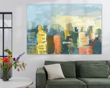 Kleurrijk abstracte skyline schilderij op doek van Art & Soul Creations