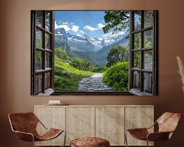 Uitzicht vanuit het raam op de Alpen van Poster Art Shop