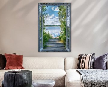 Uitzicht vanuit het raam op een rustig meer van Poster Art Shop