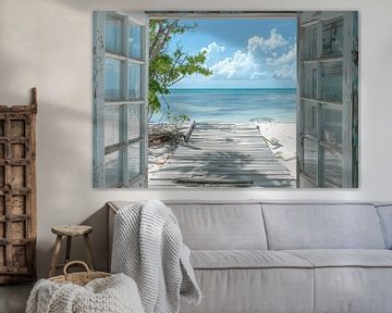 Uitzicht vanuit het raam op tropisch strand van Poster Art Shop