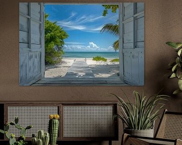 Uitzicht vanuit het raam op tropisch strand van Poster Art Shop