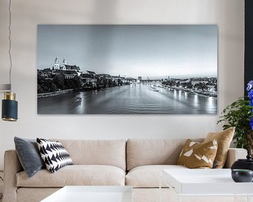 Panorama Skyline Basel in Zwitserland - monochroom van Werner Dieterich