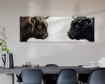 Bruine en zwarte schotse hooglanders dubbel portret panorama van Digitale Schilderijen