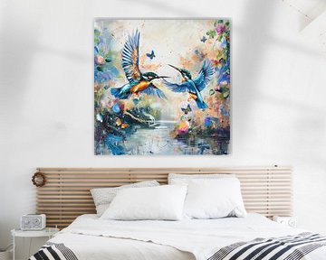 Abstracte ijsvogels aquarel explosie van kleur van Mel Digital Art