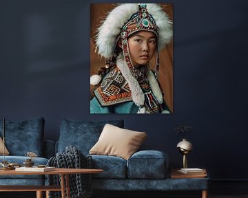 Portret van een Mongools meisje in traditionele klederdracht van Carla Van Iersel