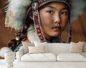 Portrait of a Mongolian girl in traditional costume by Carla Van Iersel