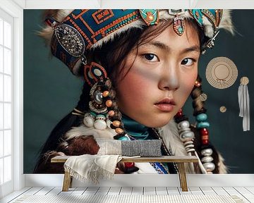 Portrait of a Mongolian girl in traditional costume. by Carla Van Iersel