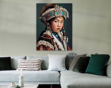 Portrait d'une jeune fille mongole en costume traditionnel. sur Carla Van Iersel