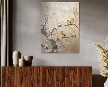 Japandi, Vogeltjes op Amandelbloesem in de stijl van Vincent van Gogh van Caroline Guerain