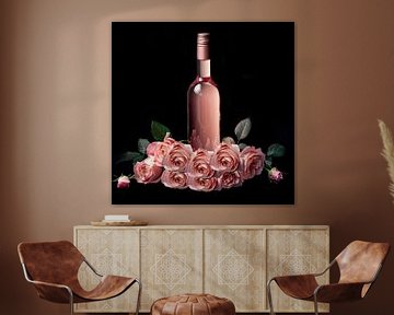 Fles rosé met roze rozen van TheXclusive Art