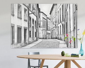 Black and white image of an empty street in Santiago de Compostela on the pilgrimage route to the famous cathedral