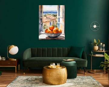 Bowl with oranges in a window, watercolour by Kim Karol / Ohkimiko